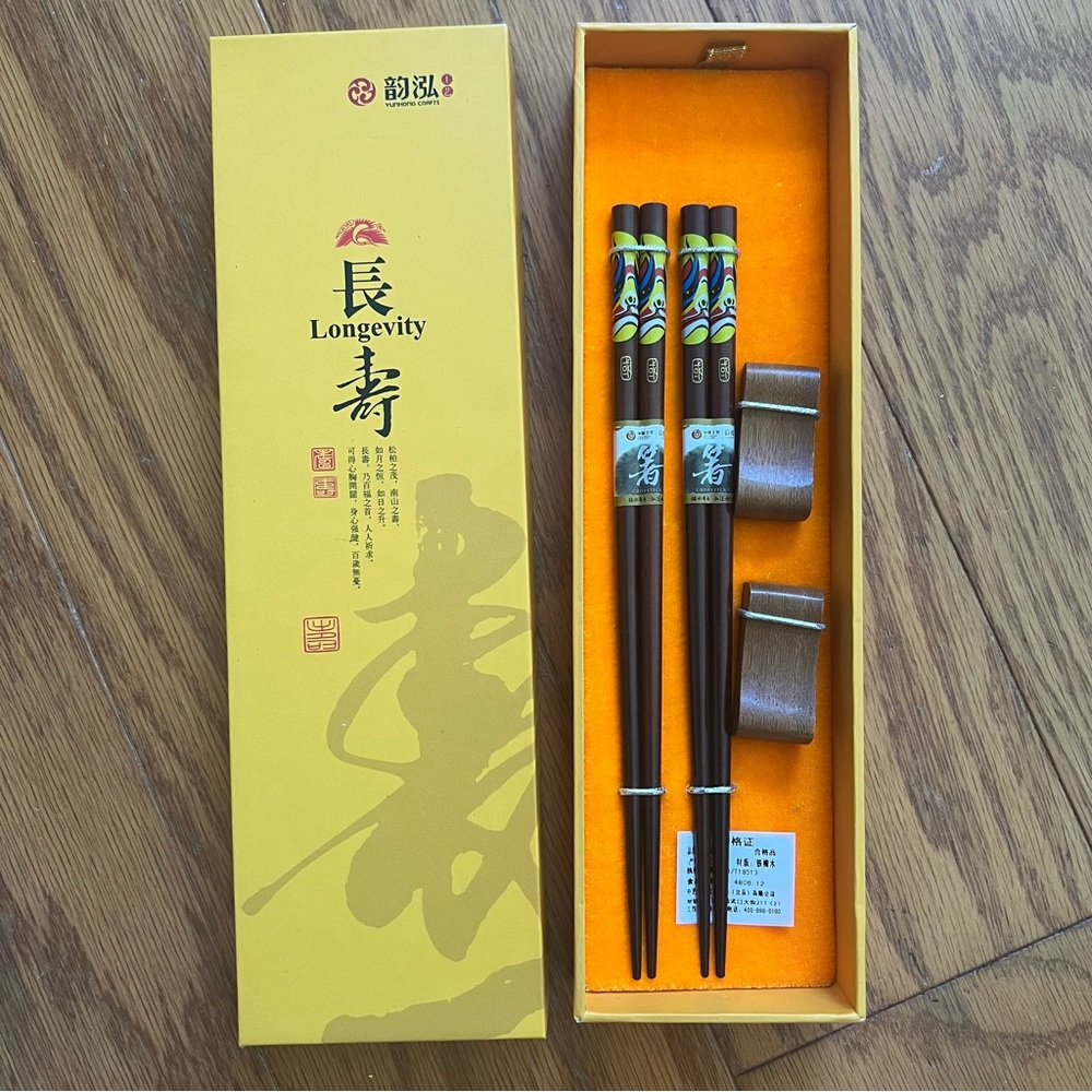 Set of 2 Golden Chopstick Set with Holder longevity utensils